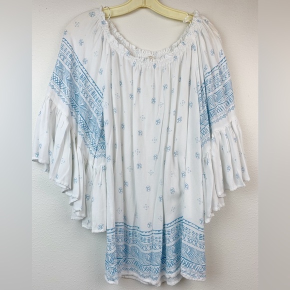 Elan soft lightweight off shoulder beachy flare sleeve tunic blouse mini dress - Picture 2 of 7